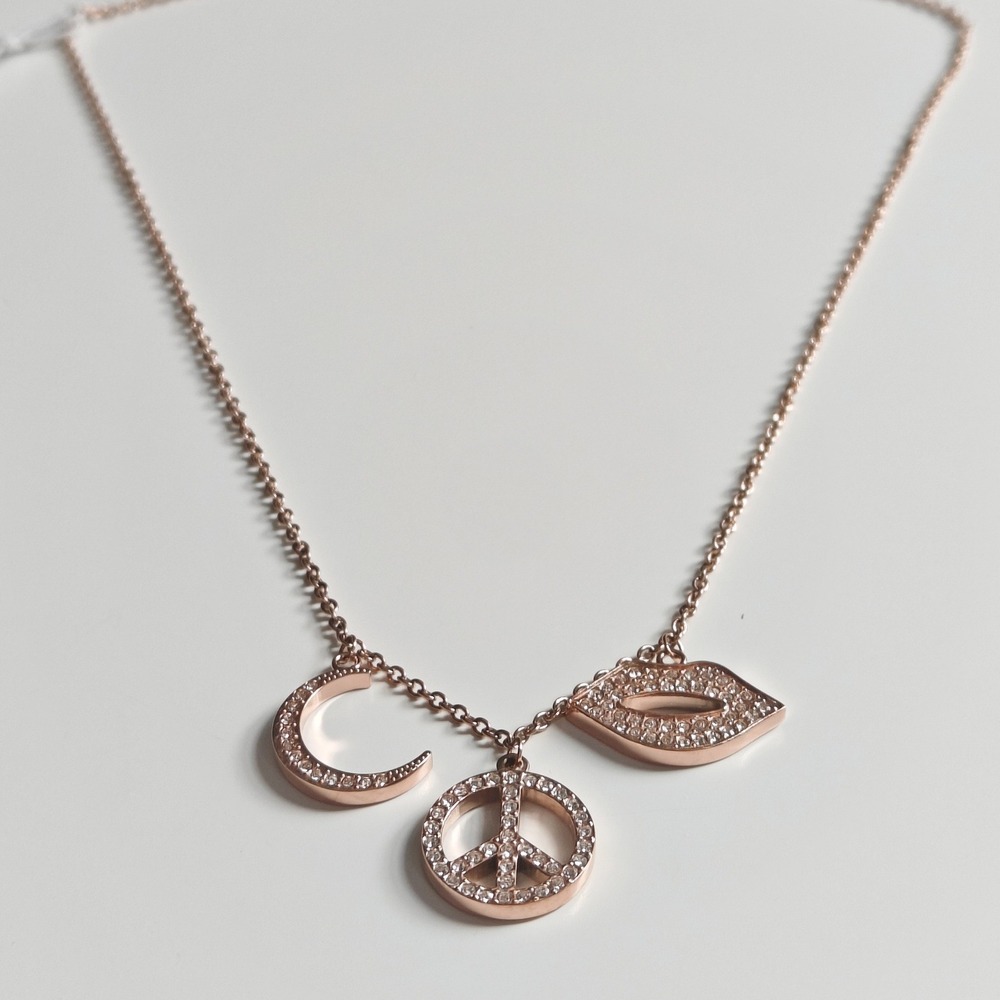 Rose Gold Tone Pave Crystal Moon Peace Sign Lip Dangle Charm Necklace Adjustable